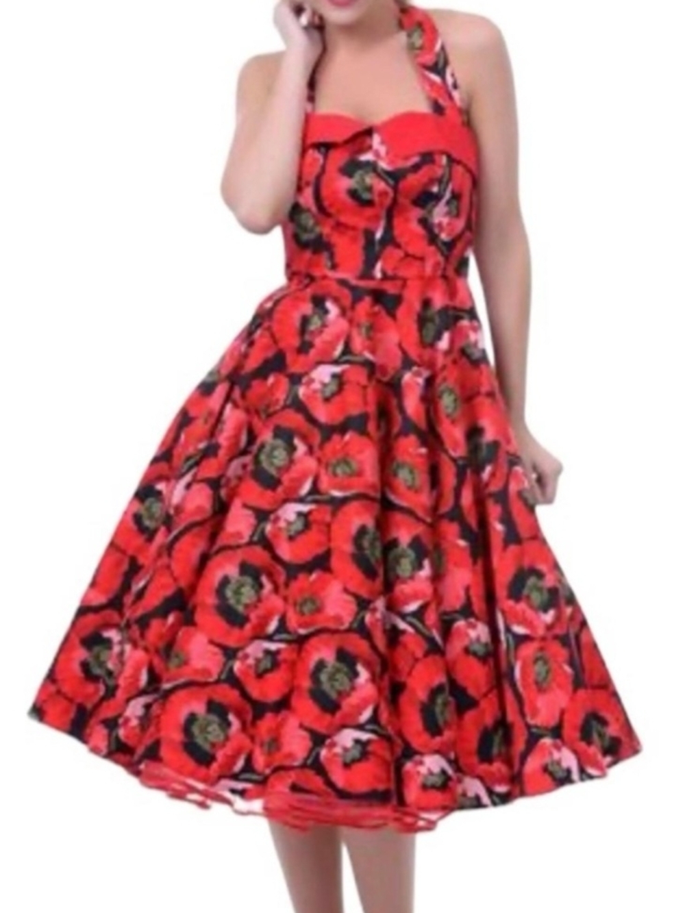Bettie Page Red & Black Floral Halter Midi Dress
